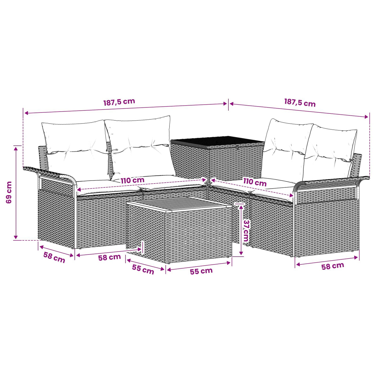 Set sofe 6 pcs 4-Broj sjedala Crna Poli Rattan i čelik