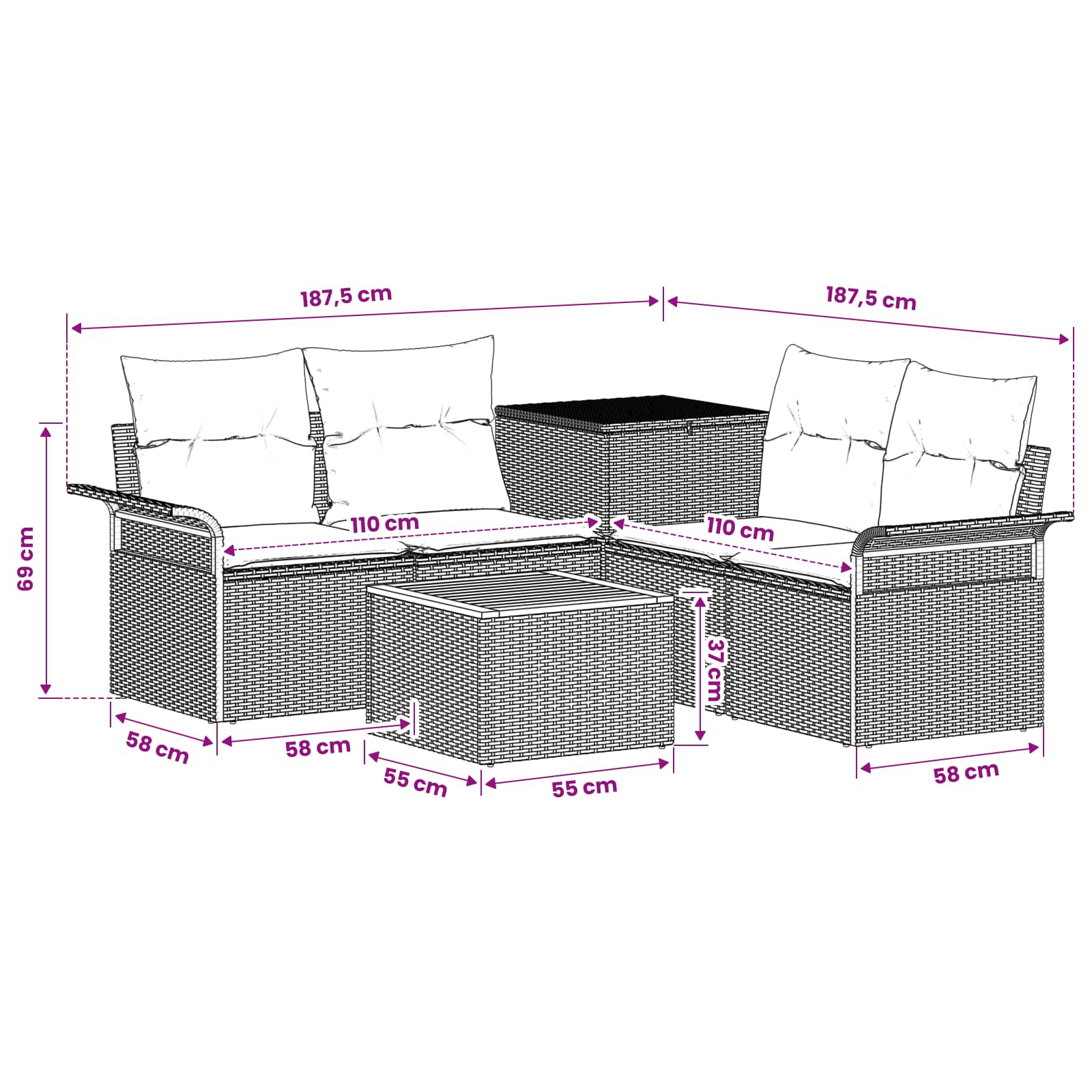 Set sofe 6 pcs 4-Broj sjedala Crna i Plava Poli Rattan i čelik