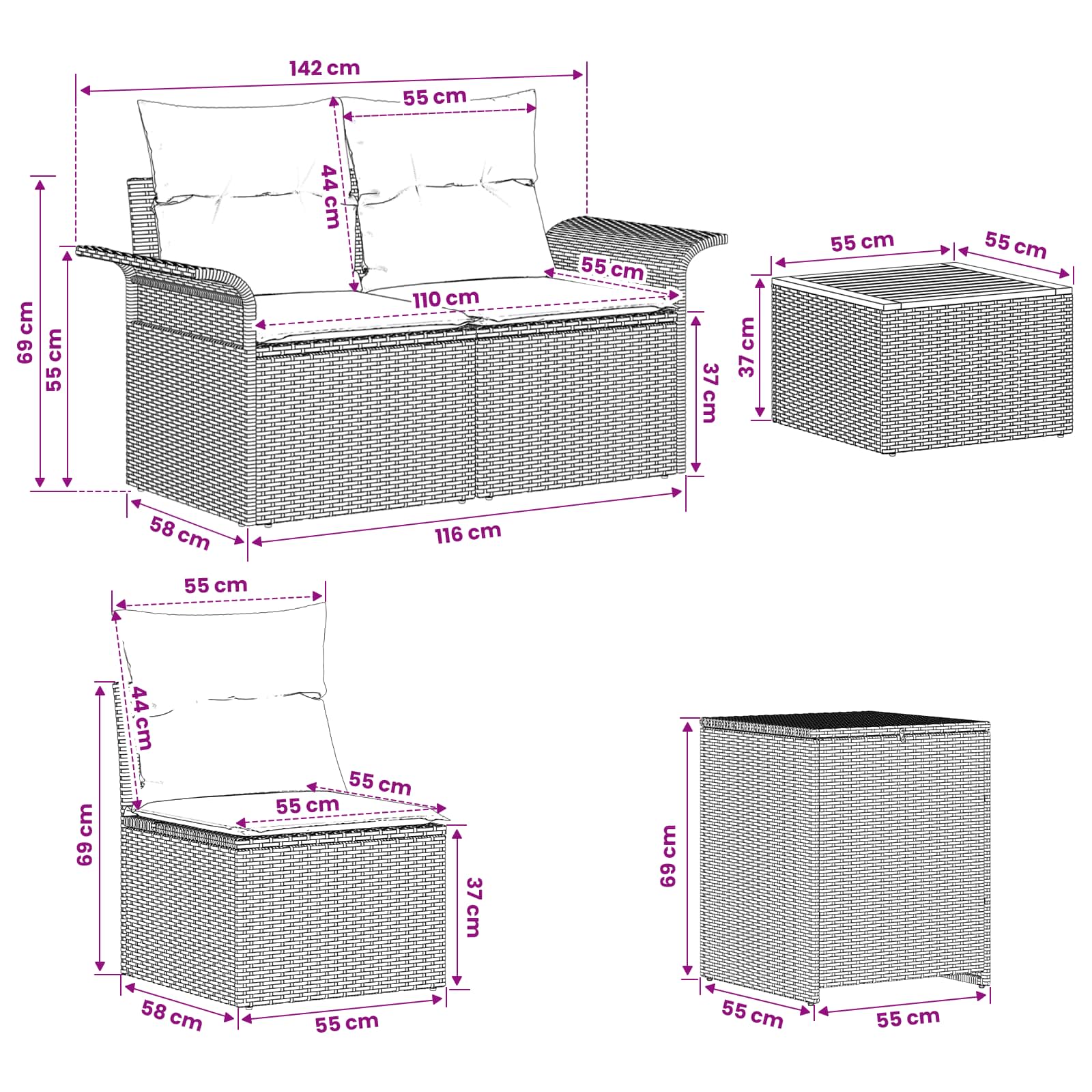 Set sofe 6 pcs 4-Broj sjedala Crna i Plava Poli Rattan i čelik