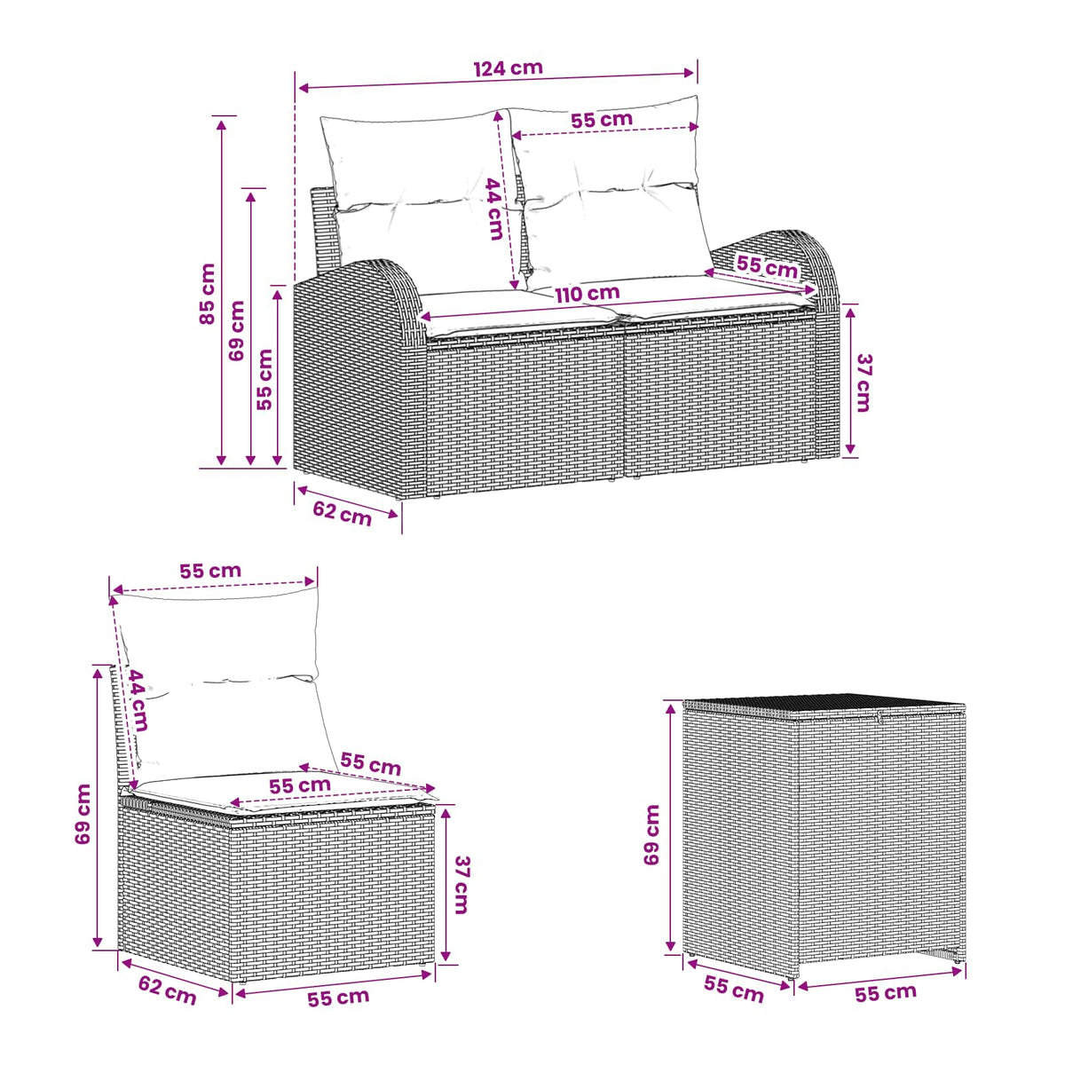 Set sofe 7 kom. Siva i tamno siva 124 x 62 x 69 cm