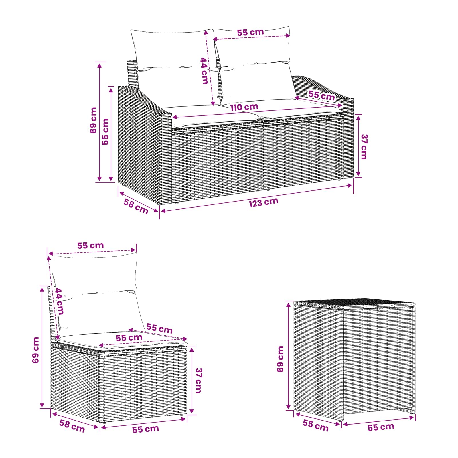 Set sofe 7 pcs Crna i krem-bijela Poli Rattan i čelik