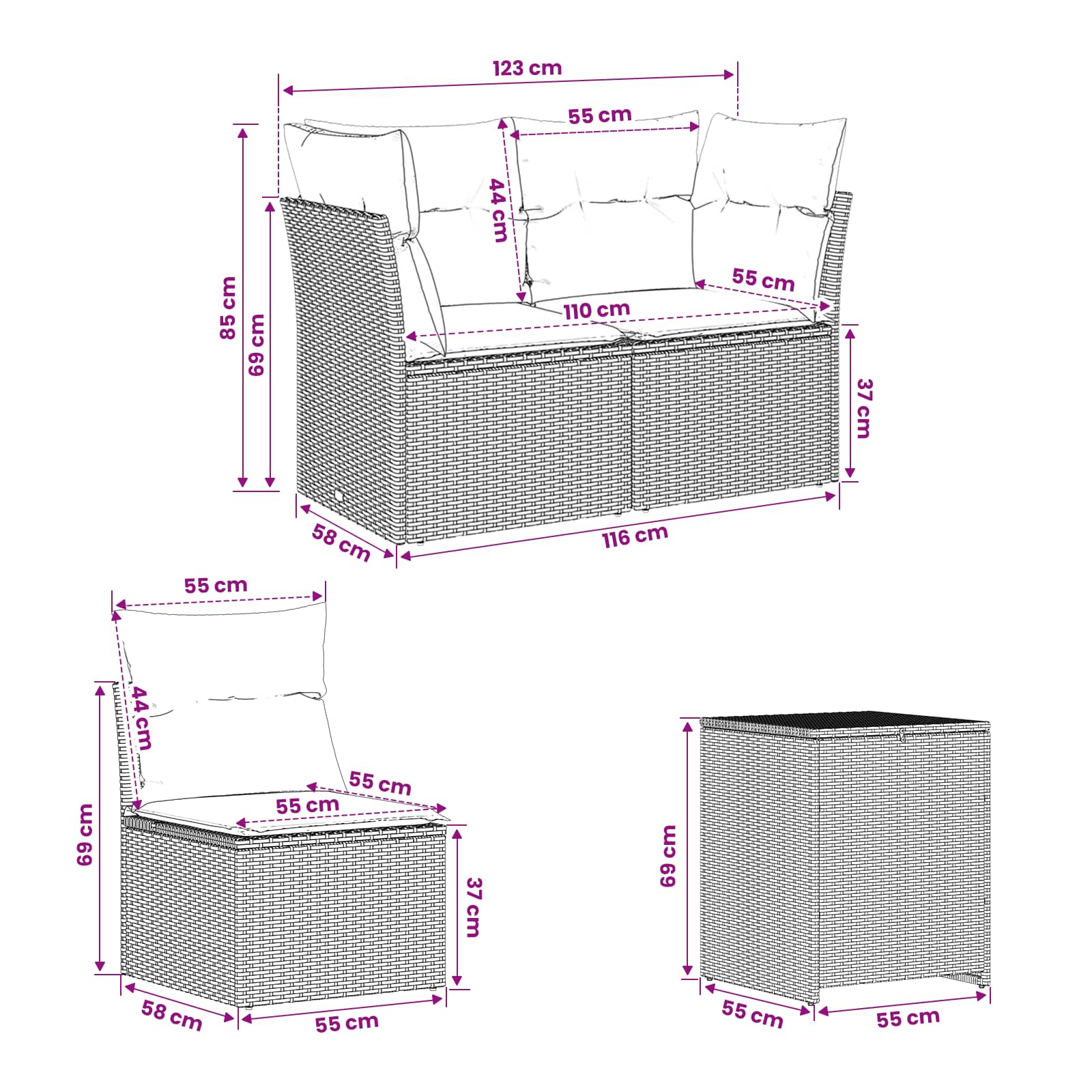 Set sofe 7 pcs Crna i krem-bijela Poli Rattan i čelik