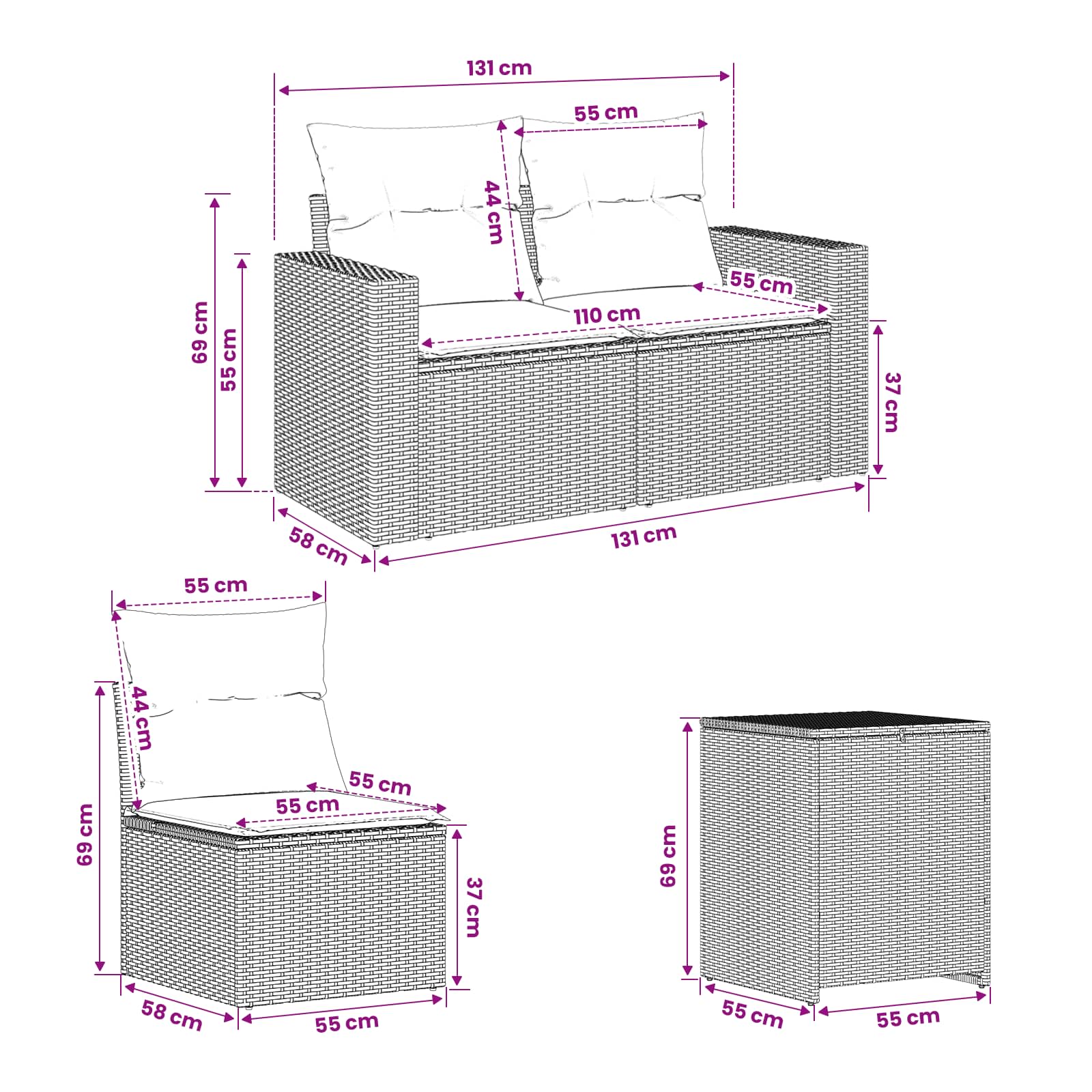 Set sofe 7 pcs Siva i tamnoplava Poli Rattan i čelik