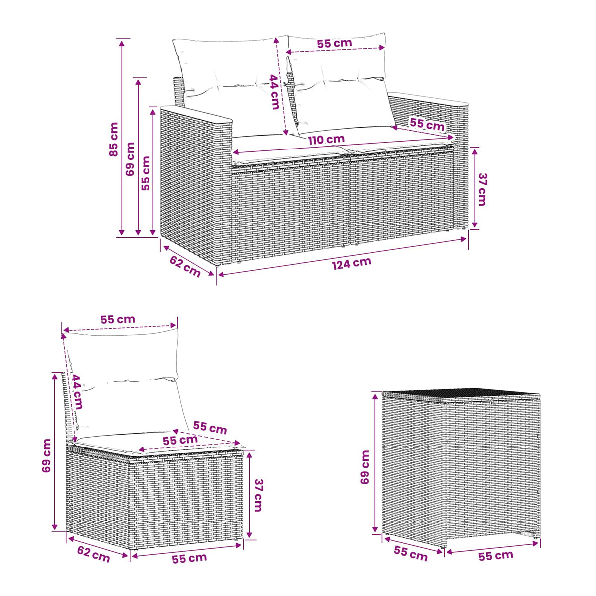 Set sofe 7 kom. Crna i Plava 123 x 62 x 69 cm