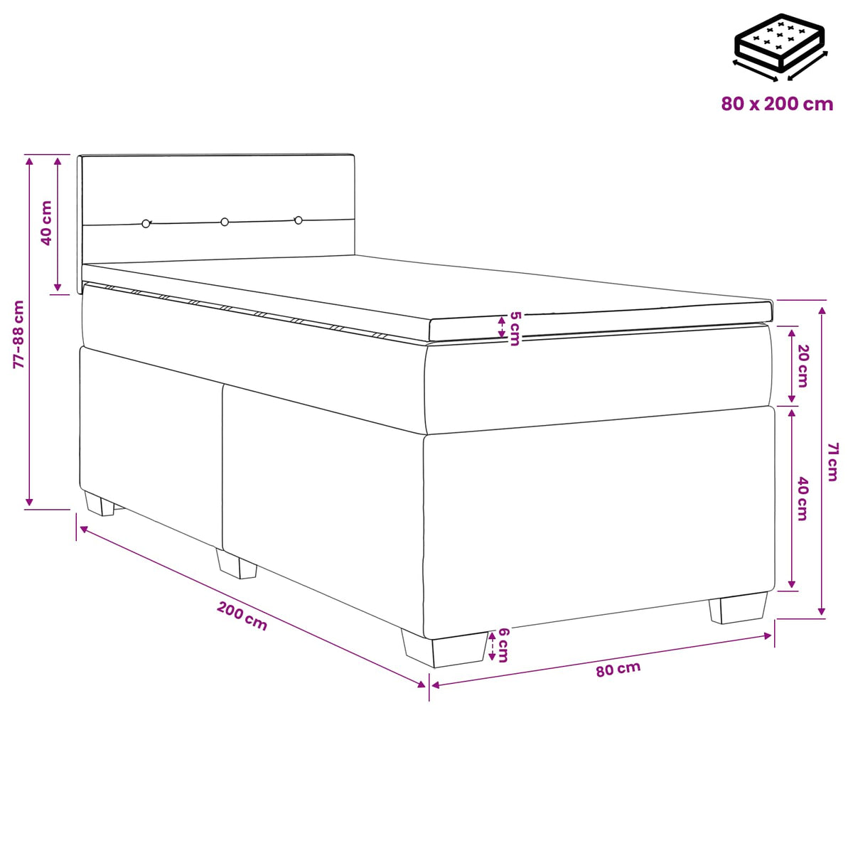 Boxspring krevet s madracem Crna 80 x 200 cm Baršun