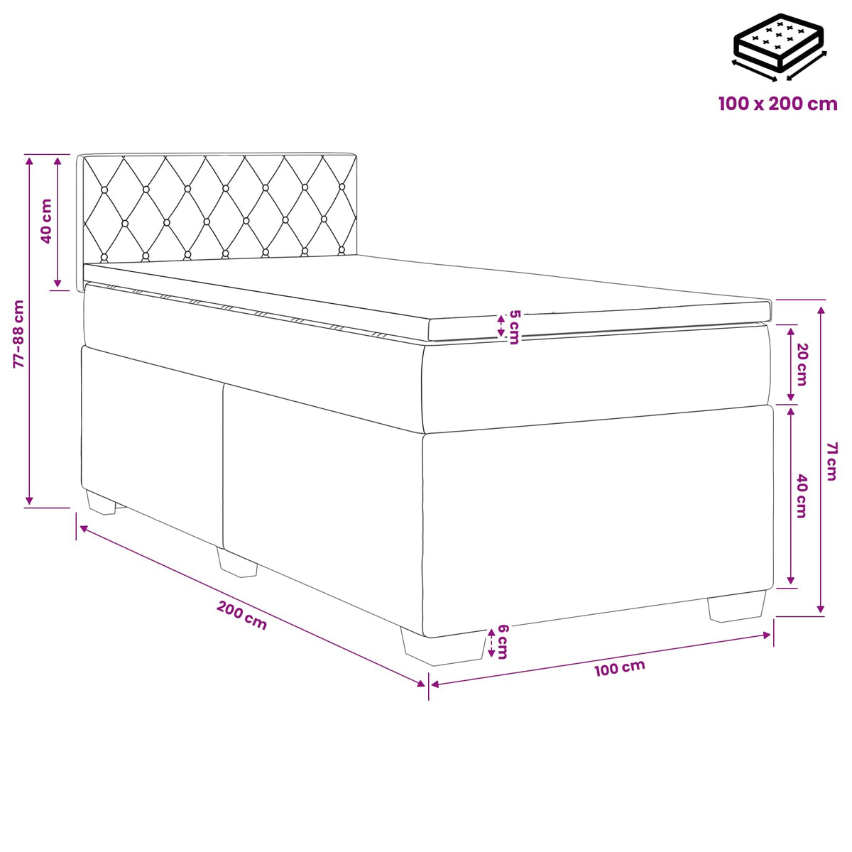 Boxspring krevet s madracem Tamnosiva 100 x 200 cm Baršun