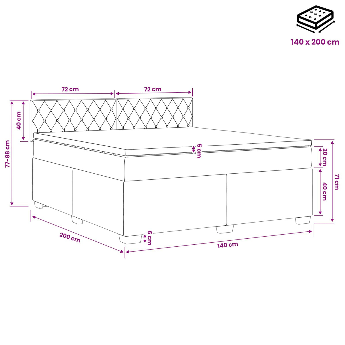 Boxspring krevet s madracem Crna 140 x 200 cm Baršun