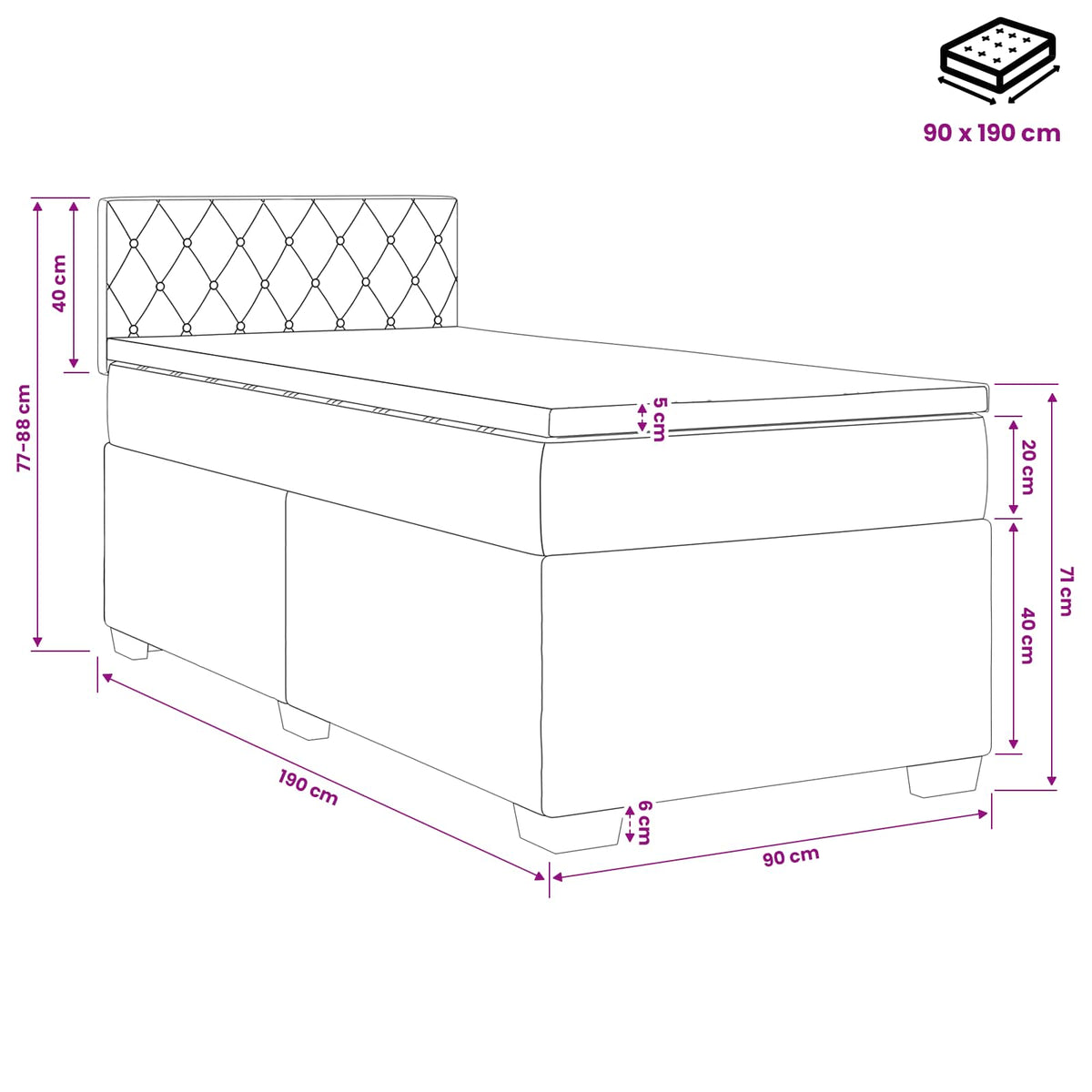Boxspring krevet s madracem Tamnosiva 90 x 190 cm Baršun