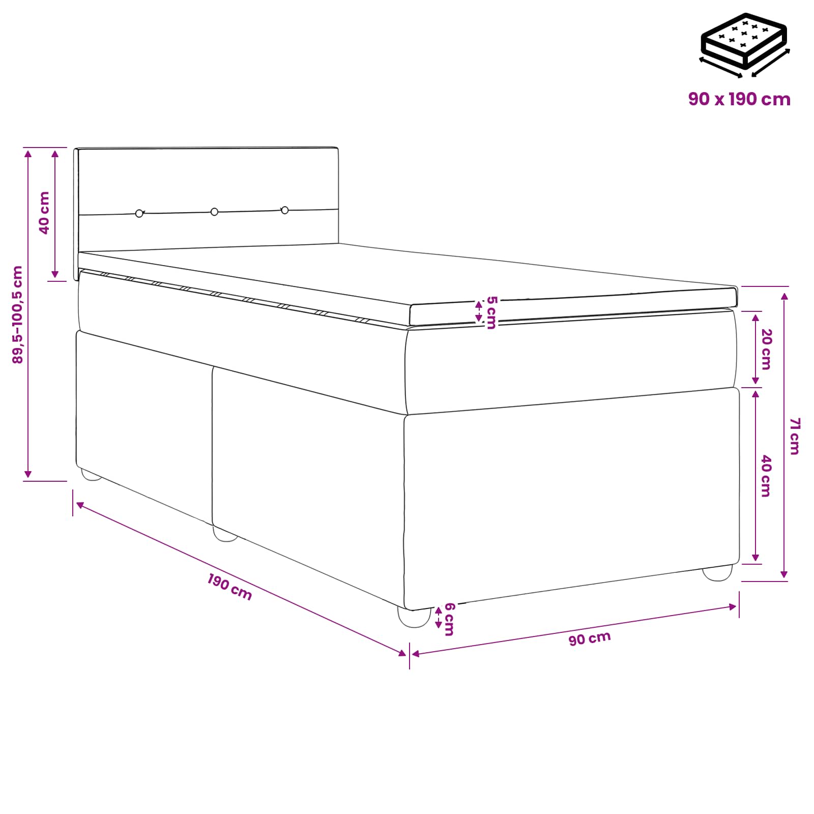 Boxspring krevet s madracem Tamnosiva 90 x 190 cm Tkanina
