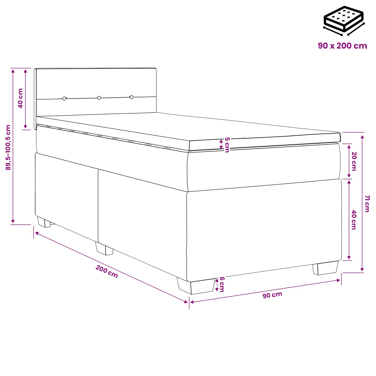 Krevet s box springom, madracem i LED-om Tamnosiva 90 x 200 cm
