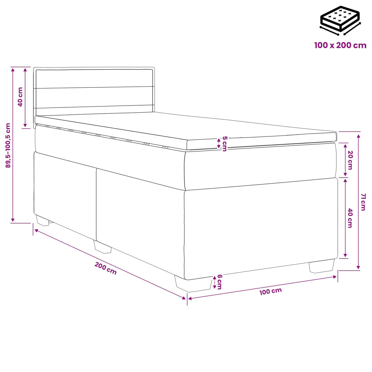 Krevet s box springom, madracem i LED-om Krem 100 x 200 cm