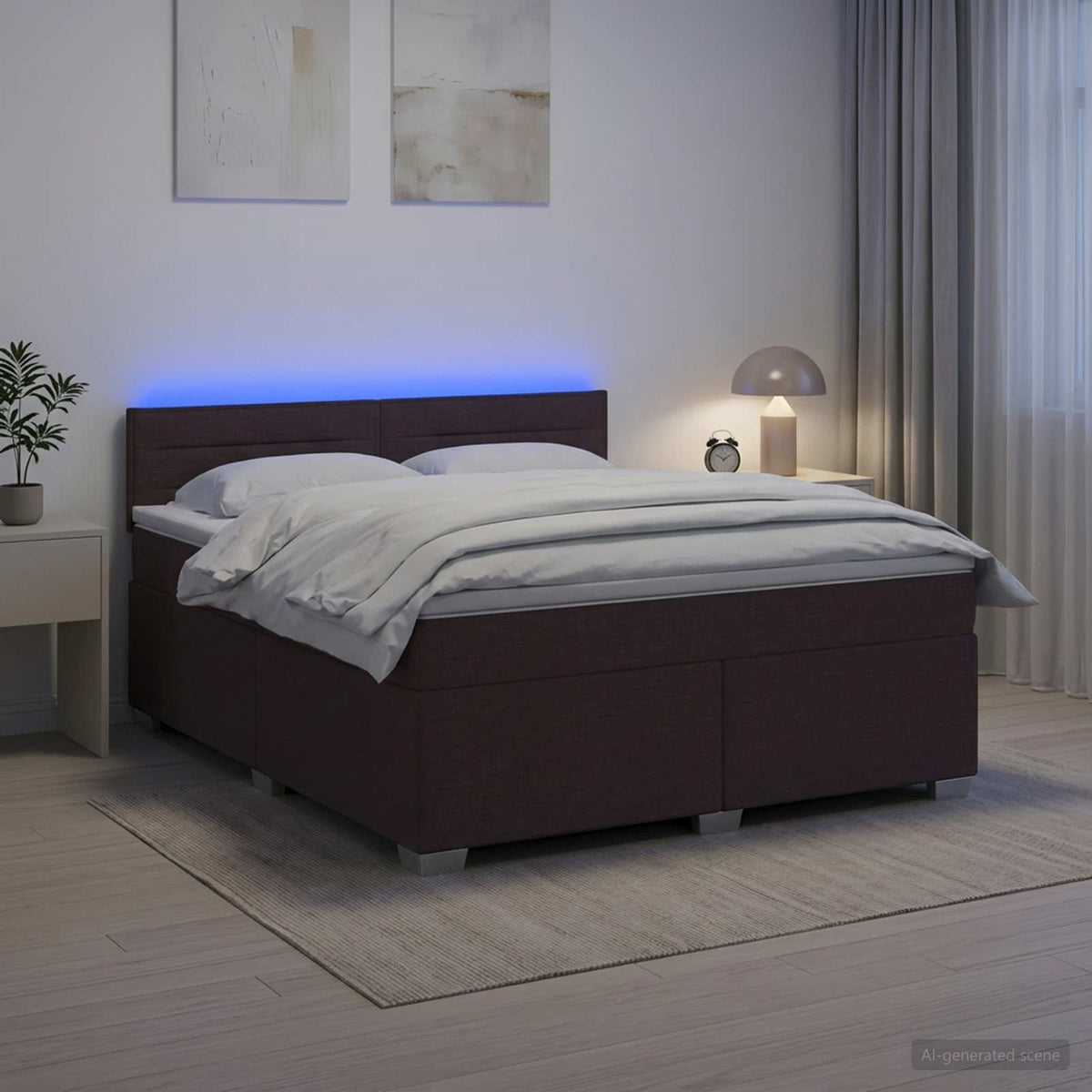 Krevet s box springom, madracem i LED-om Tamno smeđa Tkanina