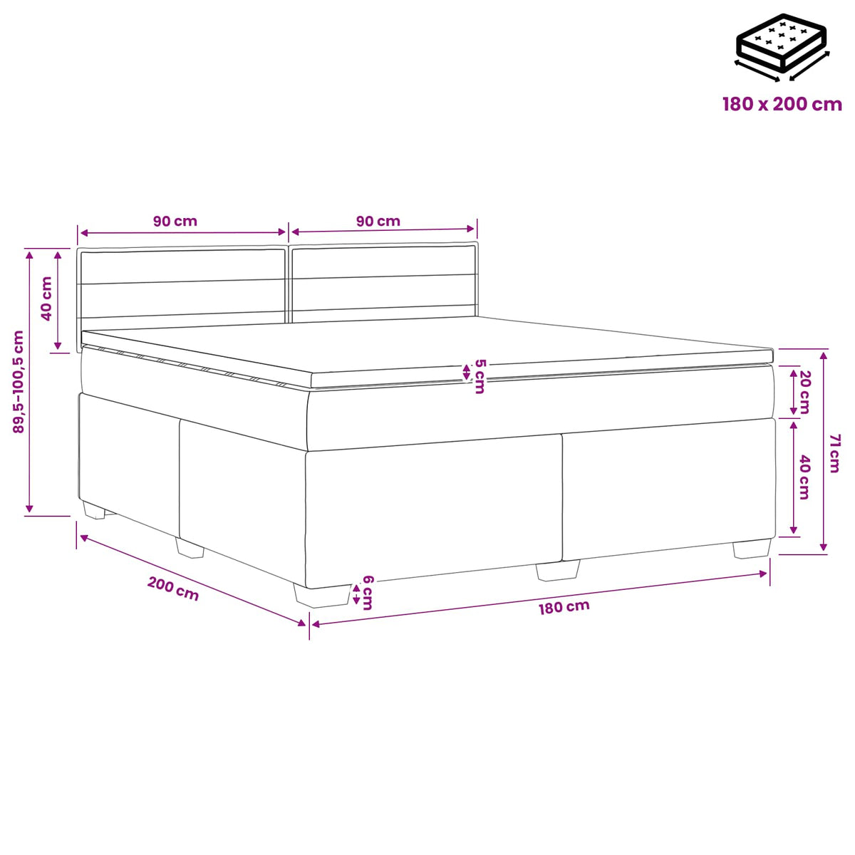Krevet s box springom, madracem i LED-om Krem 180 x 200 cm