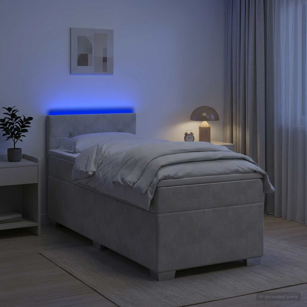 Krevet s box springom, madracem i LED-om Svjetlosiva Jjedan