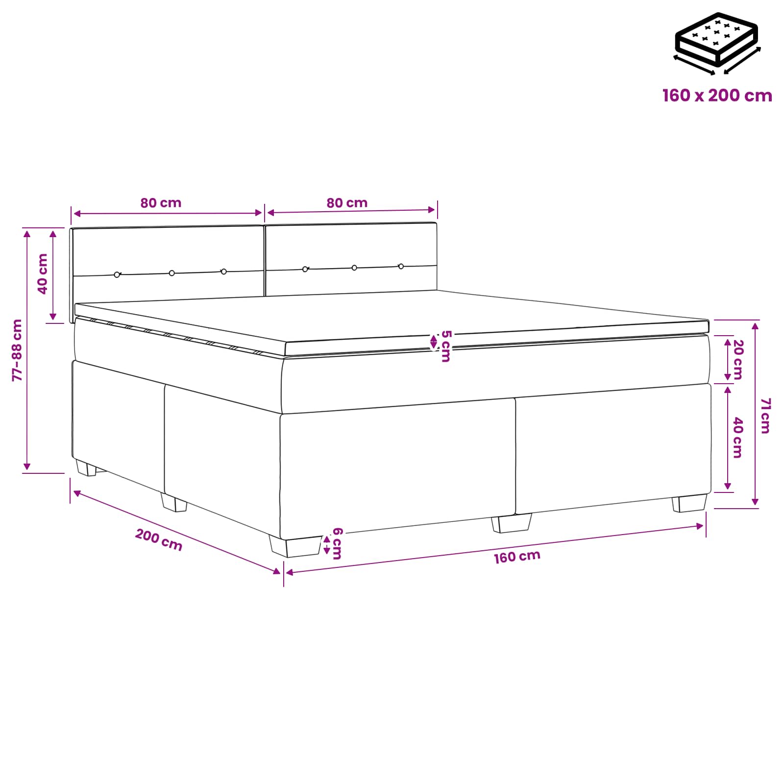 Krevet s box springom, madracem i LED-om Crna 160 x 200 cm