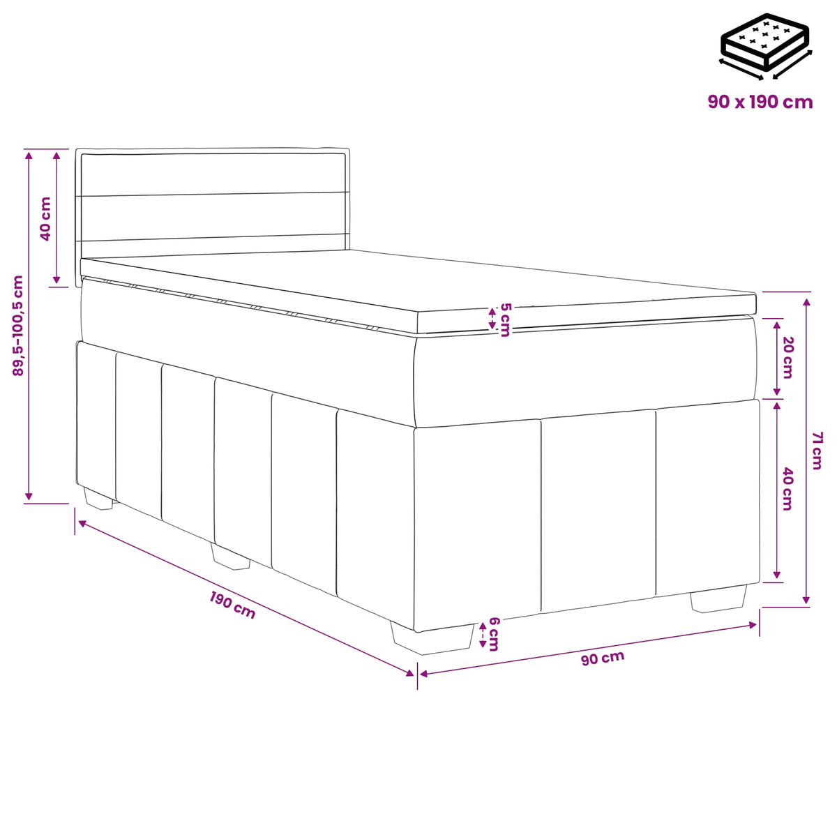 Krevet s box springom, madracem i LED-om Tamnosiva 90 x 190 cm