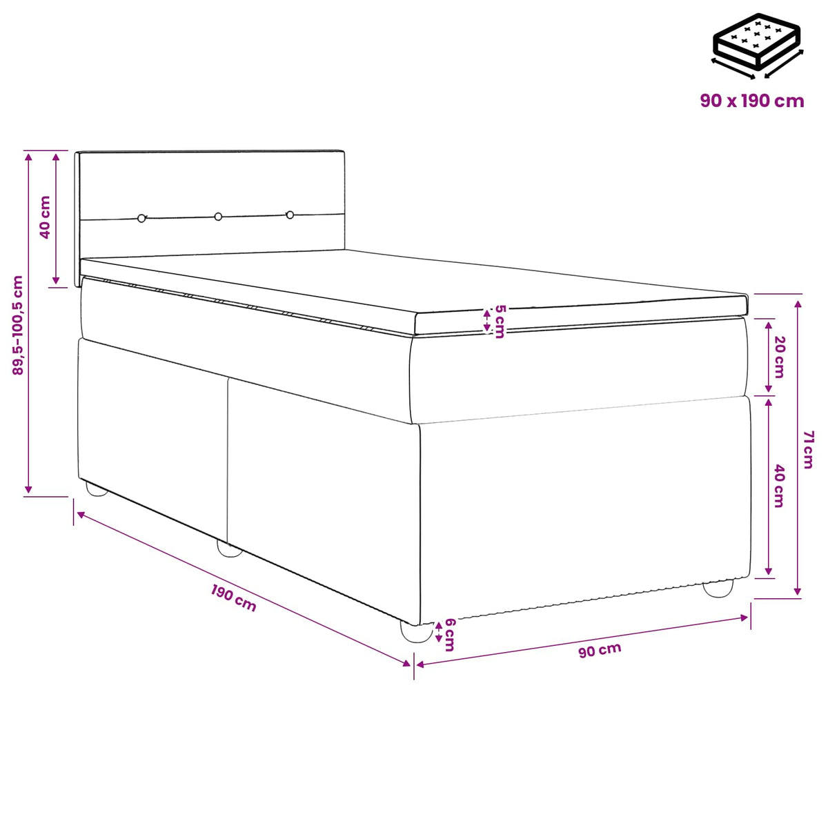 Boxspring krevet s madracem Svjetlosiva 90 x 190 cm Tkanina 90 x 190 x 100.5 cm