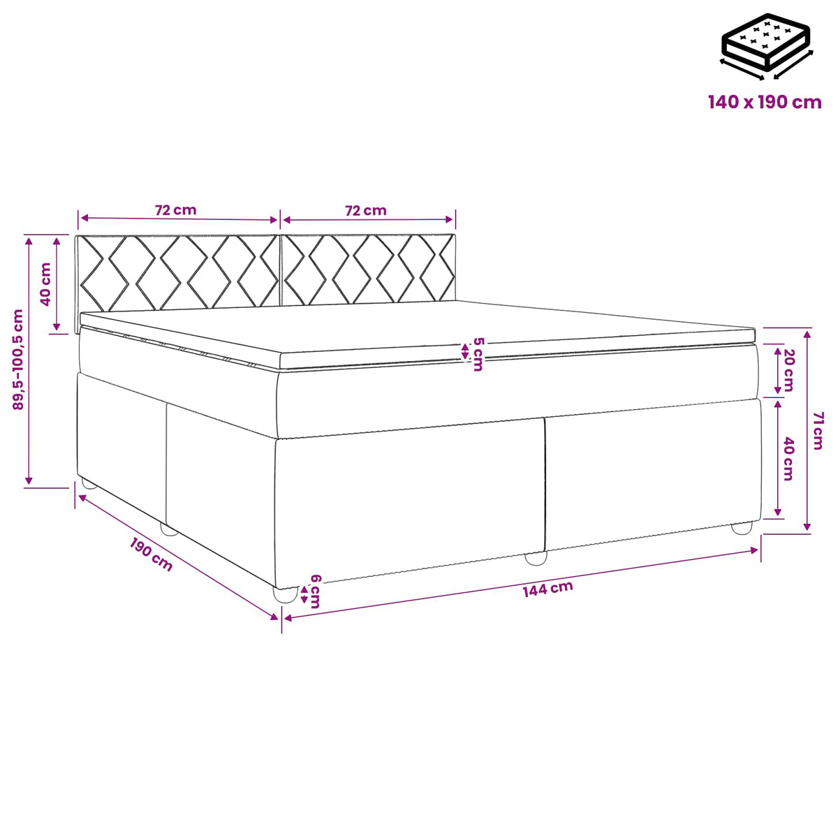 Boxspring krevet s madracem Tamnosiva 140 x 190 cm Baršun 144 x 190 x 100.5 cm