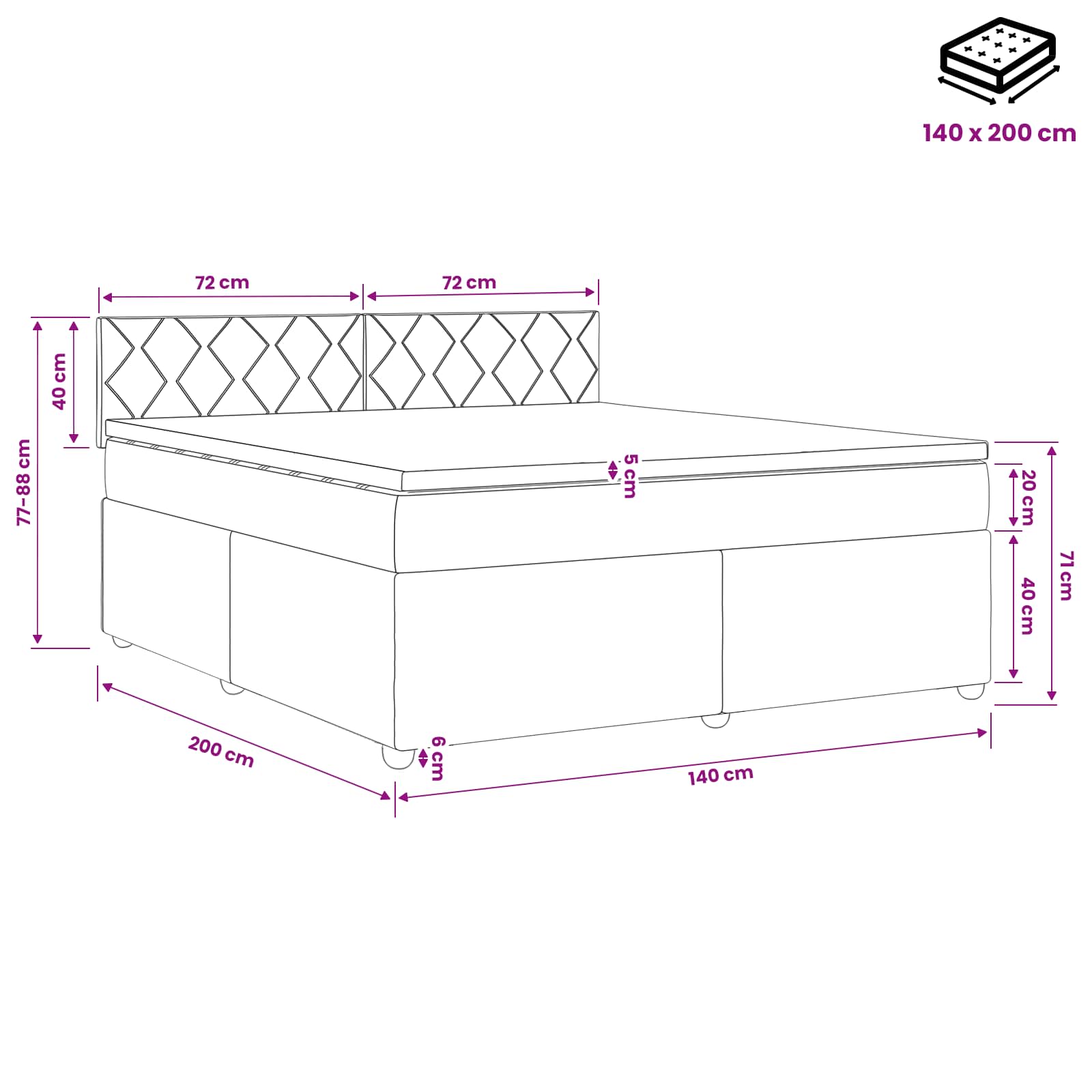 Boxspring krevet s madracem Plava 140 x 200 cm Baršun