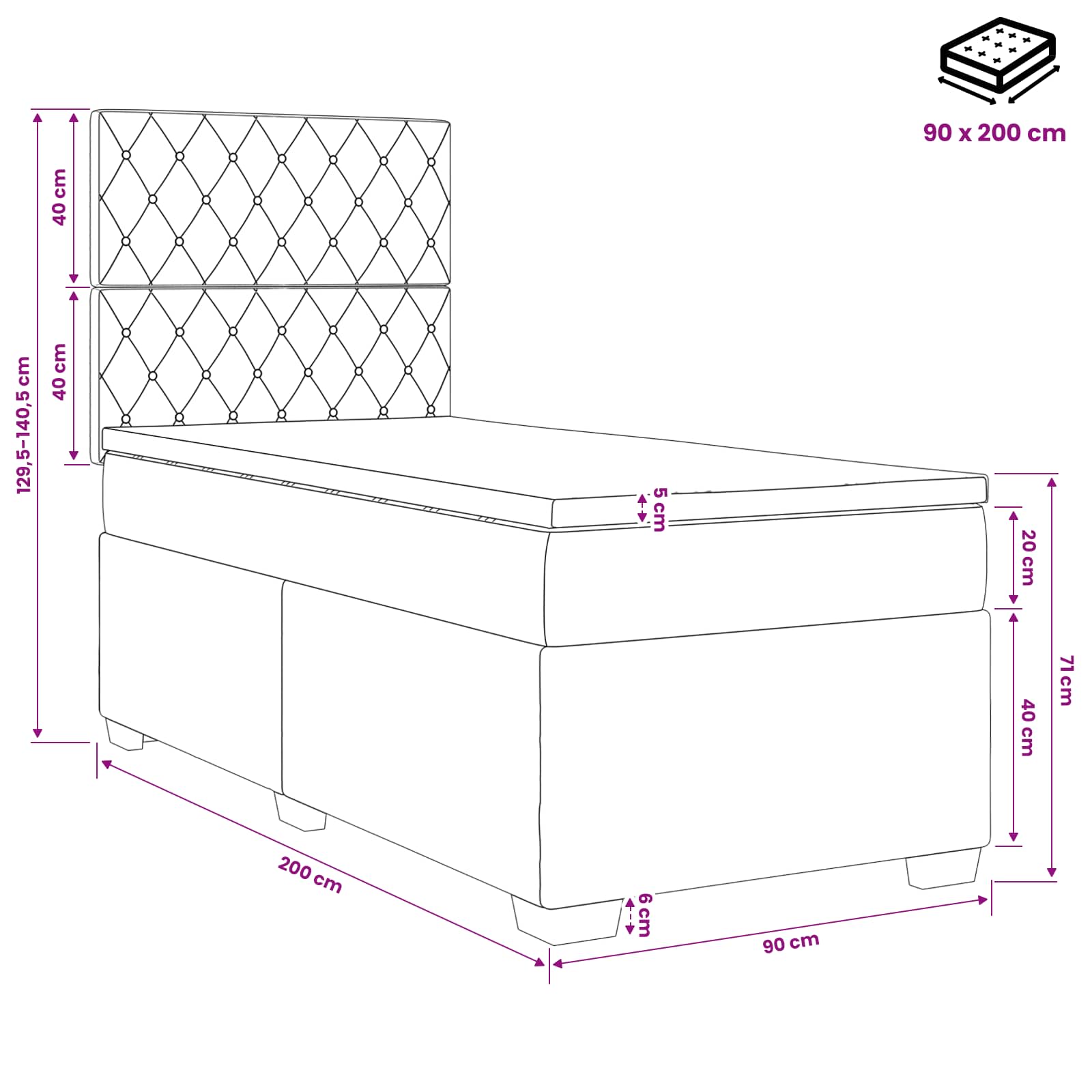 Boxspring krevet s madracem Crna 90 x 200 cm Baršun