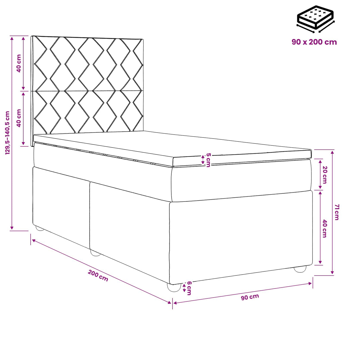 Boxspring krevet s madracem Crna 90 x 200 cm Tkanina