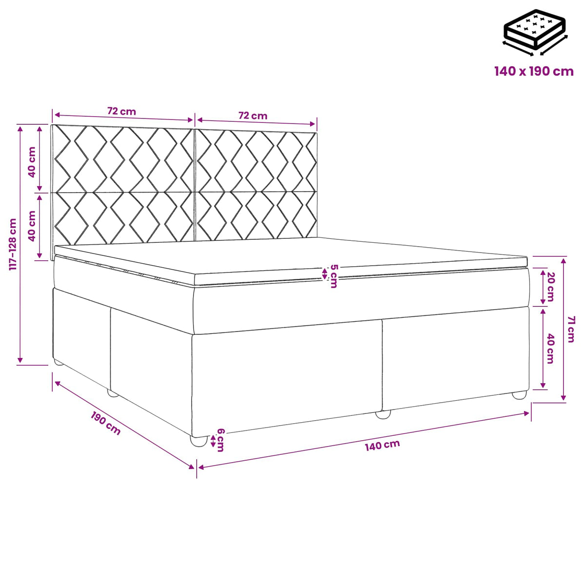 Boxspring krevet s madracem Tamnosiva 140 x 190 cm Baršun