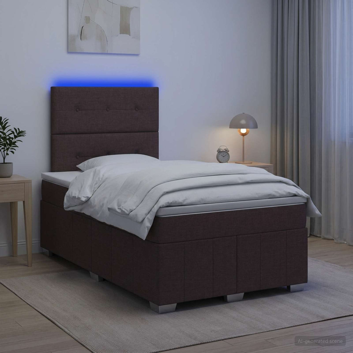 LED okvir za krevet s madracem Tamno smeđa 120 x 190 cm Tkanina