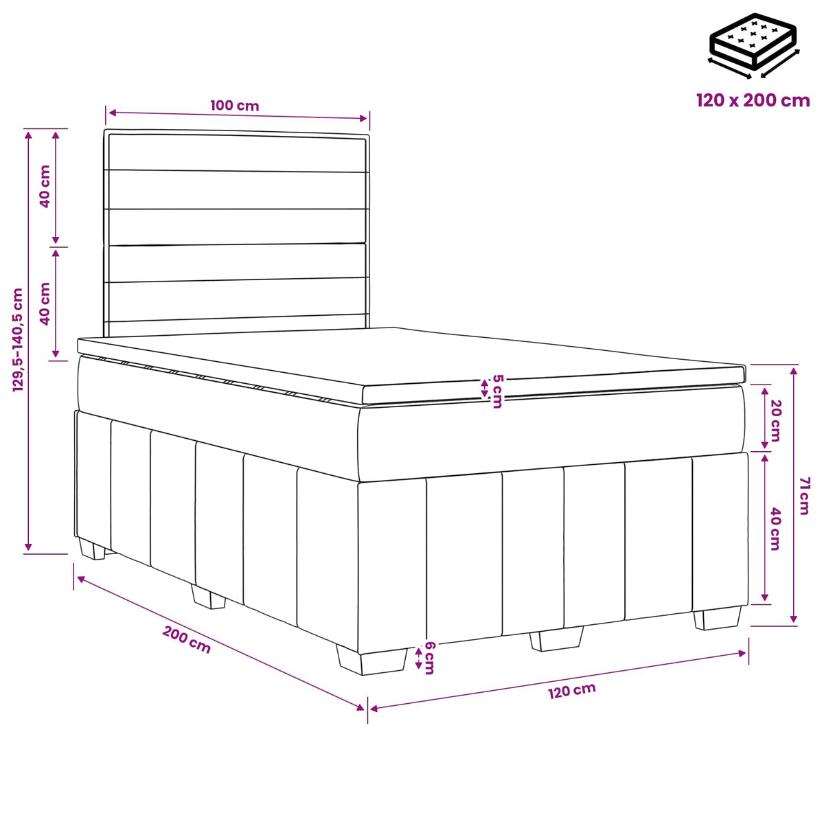 LED okvir za krevet s madracem Krem 120 x 200 cm Tkanina