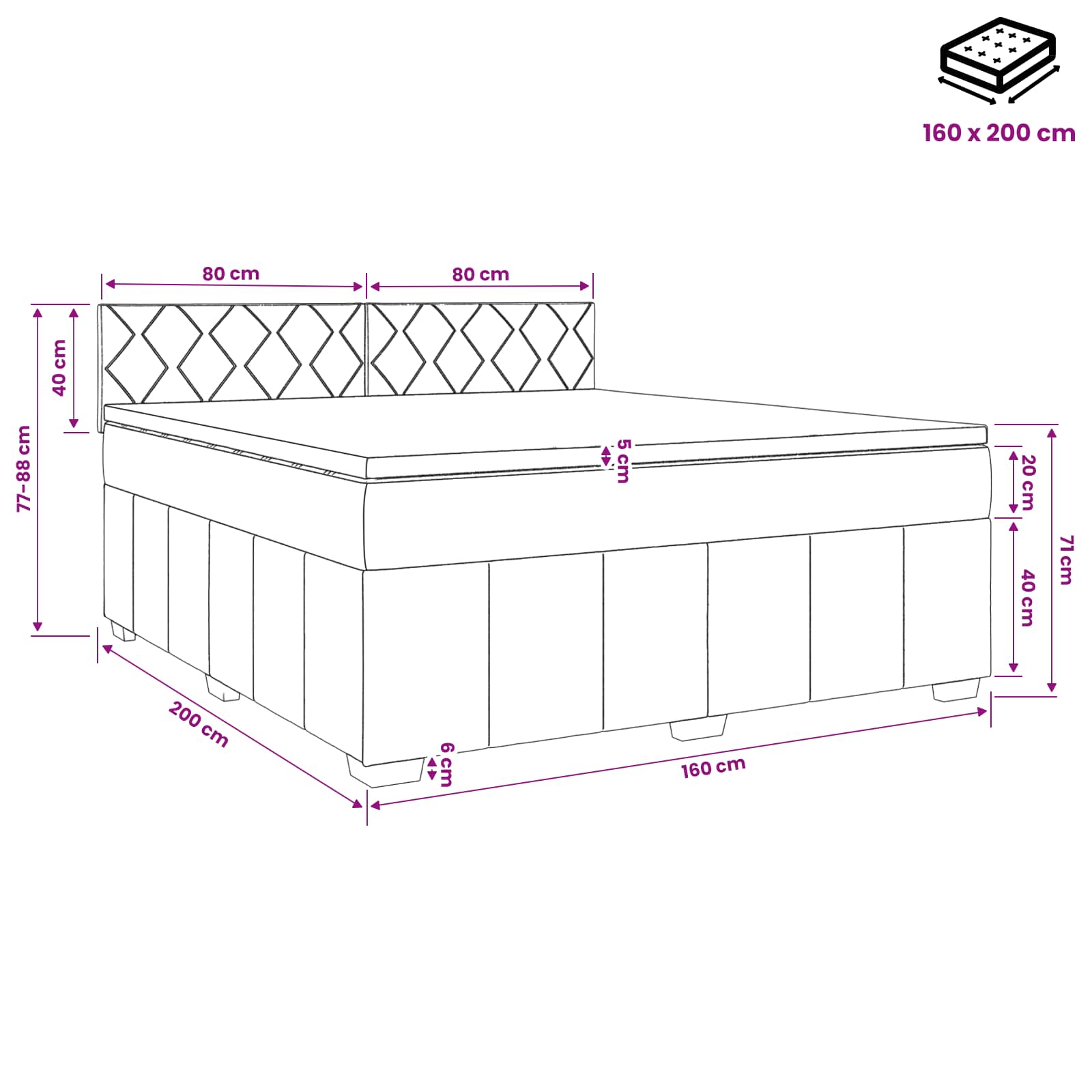 LED okvir za krevet s madracem Crna 160 x 200 cm Tkanina