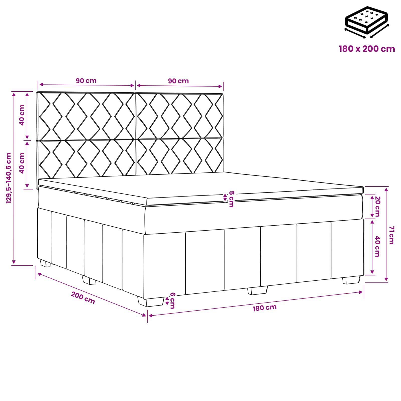 LED okvir za krevet s madracem Crna 180 x 200 cm Tkanina