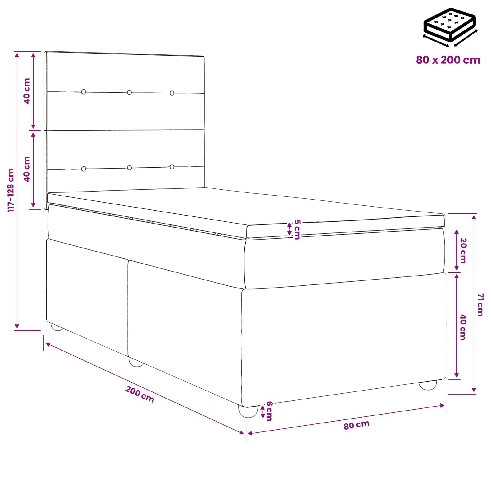 LED okvir za krevet s madracem Krem 80 x 200 cm Tkanina