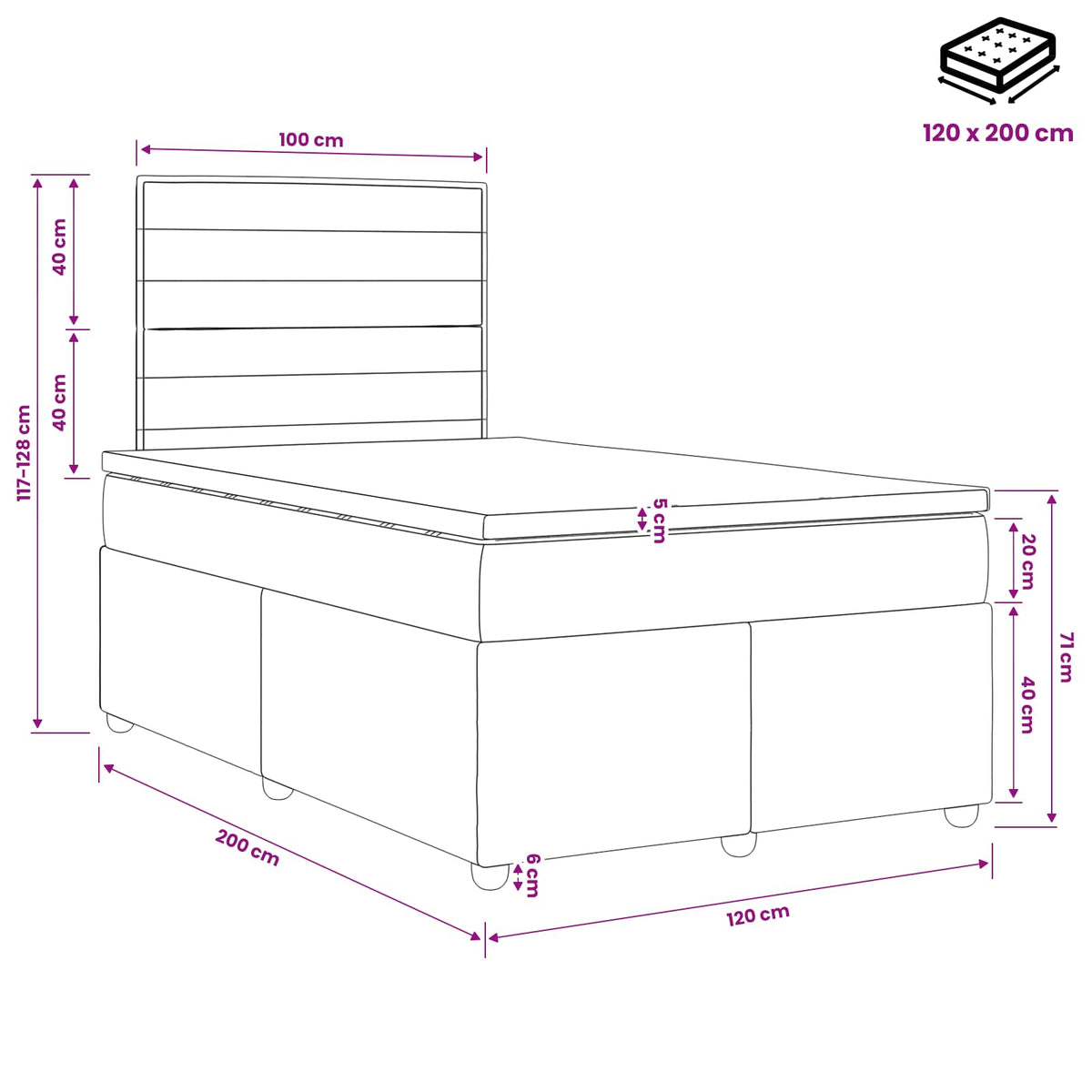LED okvir za krevet s madracem Tamnosiva 120 x 200 cm Tkanina