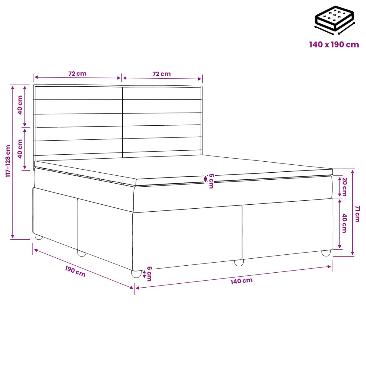 LED okvir za krevet s madracem Crna 140 x 190 cm Tkanina