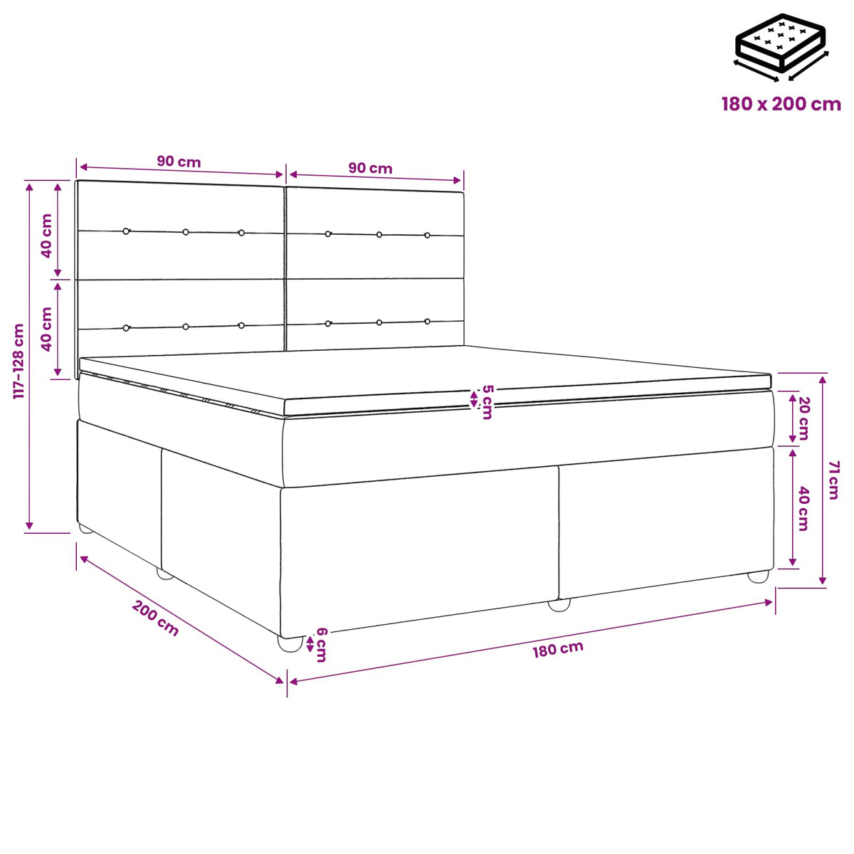 LED okvir za krevet s madracem Crna 180 x 200 cm Tkanina