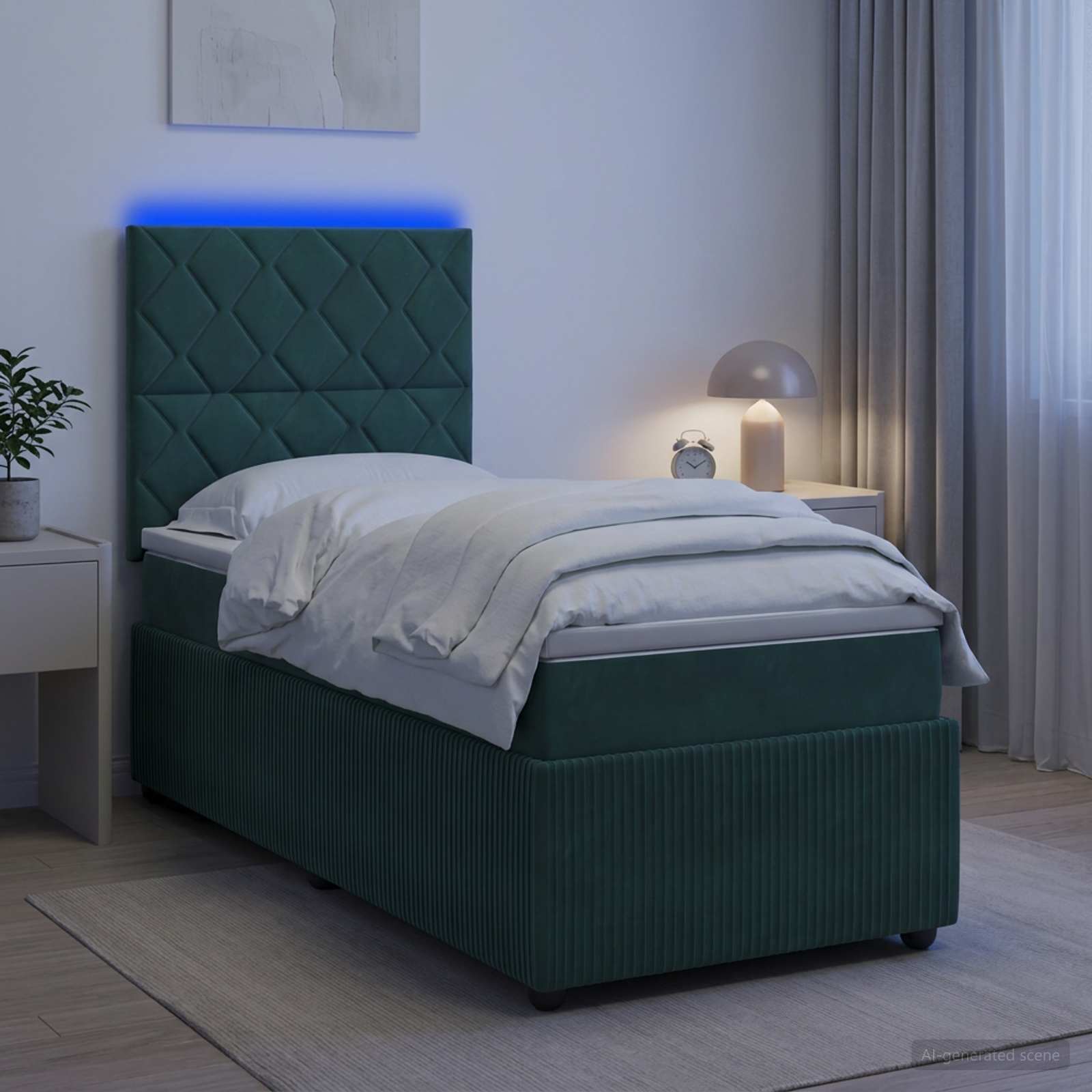 LED okvir za krevet s madracem Tamnozelena 90 x 190 cm Baršun