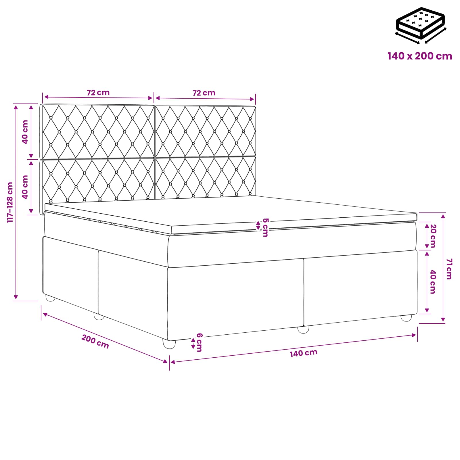LED okvir za krevet s madracem Crna 140 x 200 cm Baršun