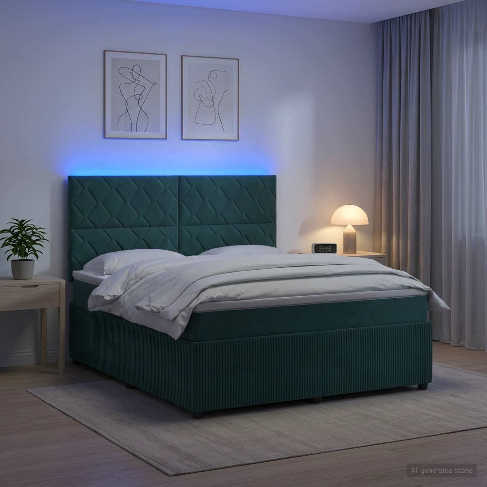 LED okvir za krevet s madracem Tamnozelena 180 x 200 cm Baršun