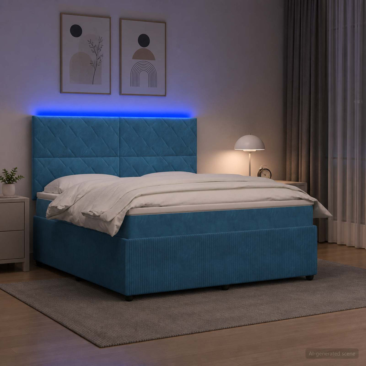 LED okvir za krevet s madracem Plava 180 x 200 cm Baršun