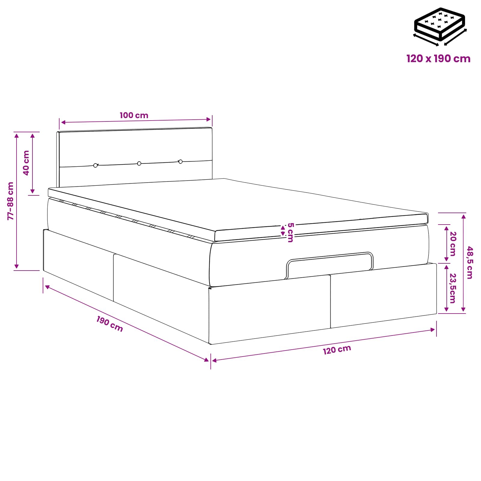 Podesivi krevet s madracem Crna 120 x 190 cm Baršun