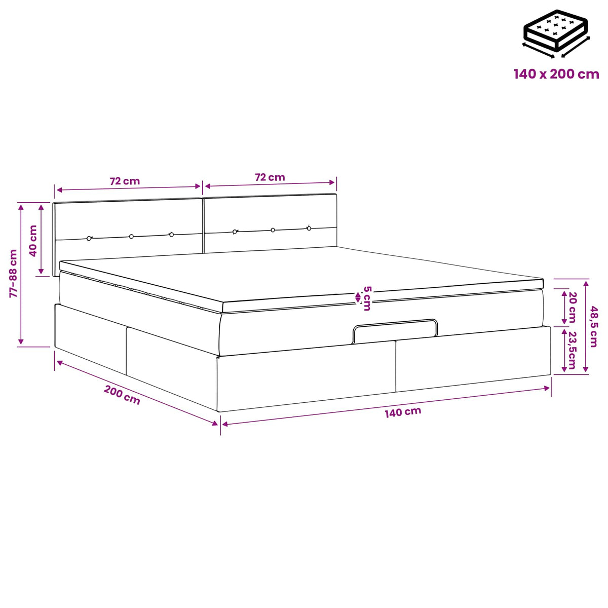 Podesivi krevet s madracem Crna 140 x 200 cm Baršun