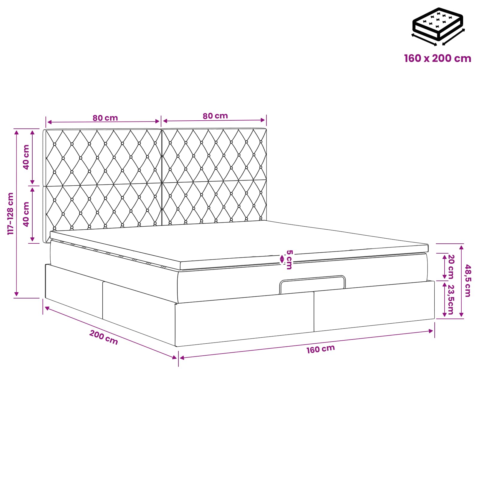 Podesivi krevet s madracem Crna 160 x 200 cm Baršun
