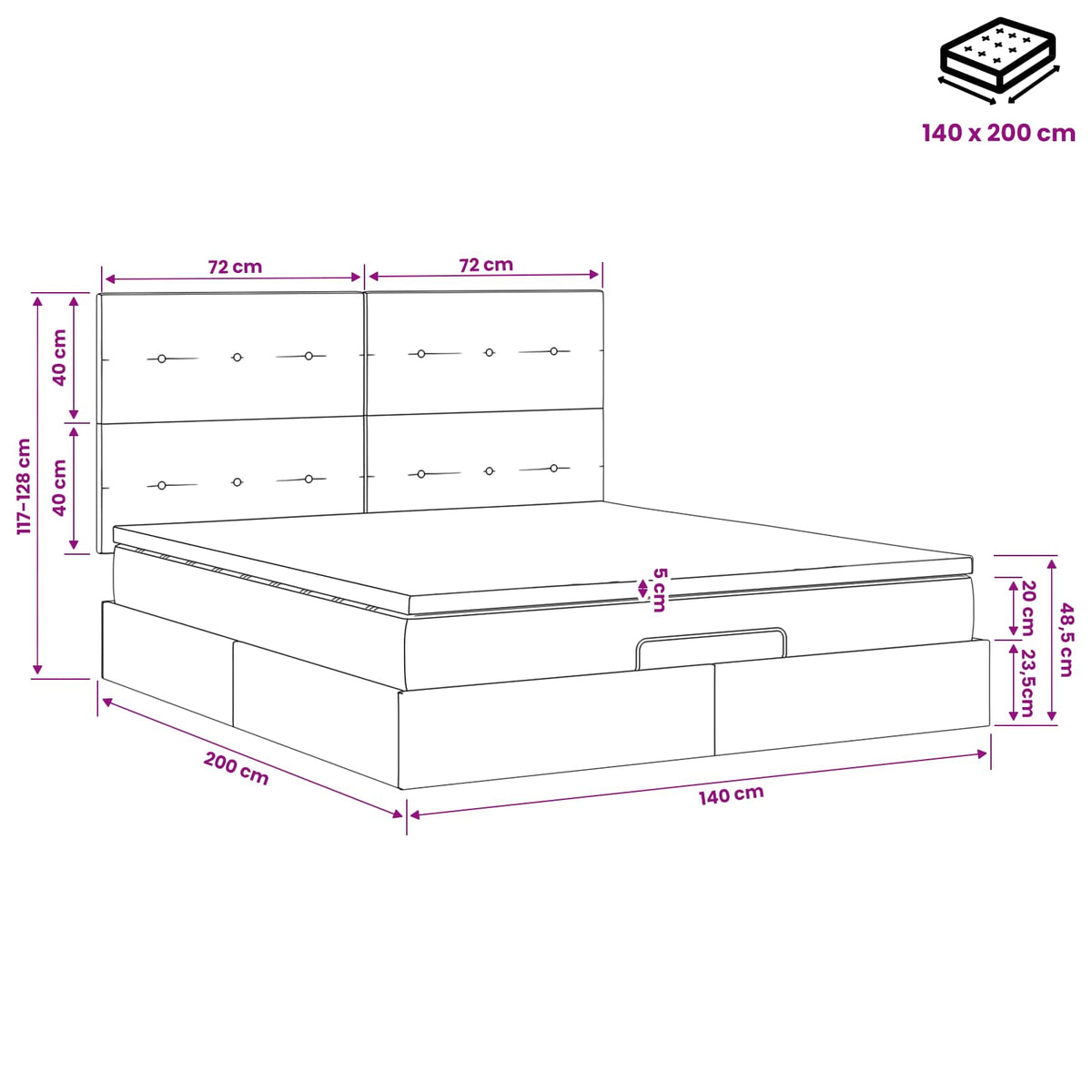 Podesivi krevet s madracem Crna 140 x 200 cm Baršun