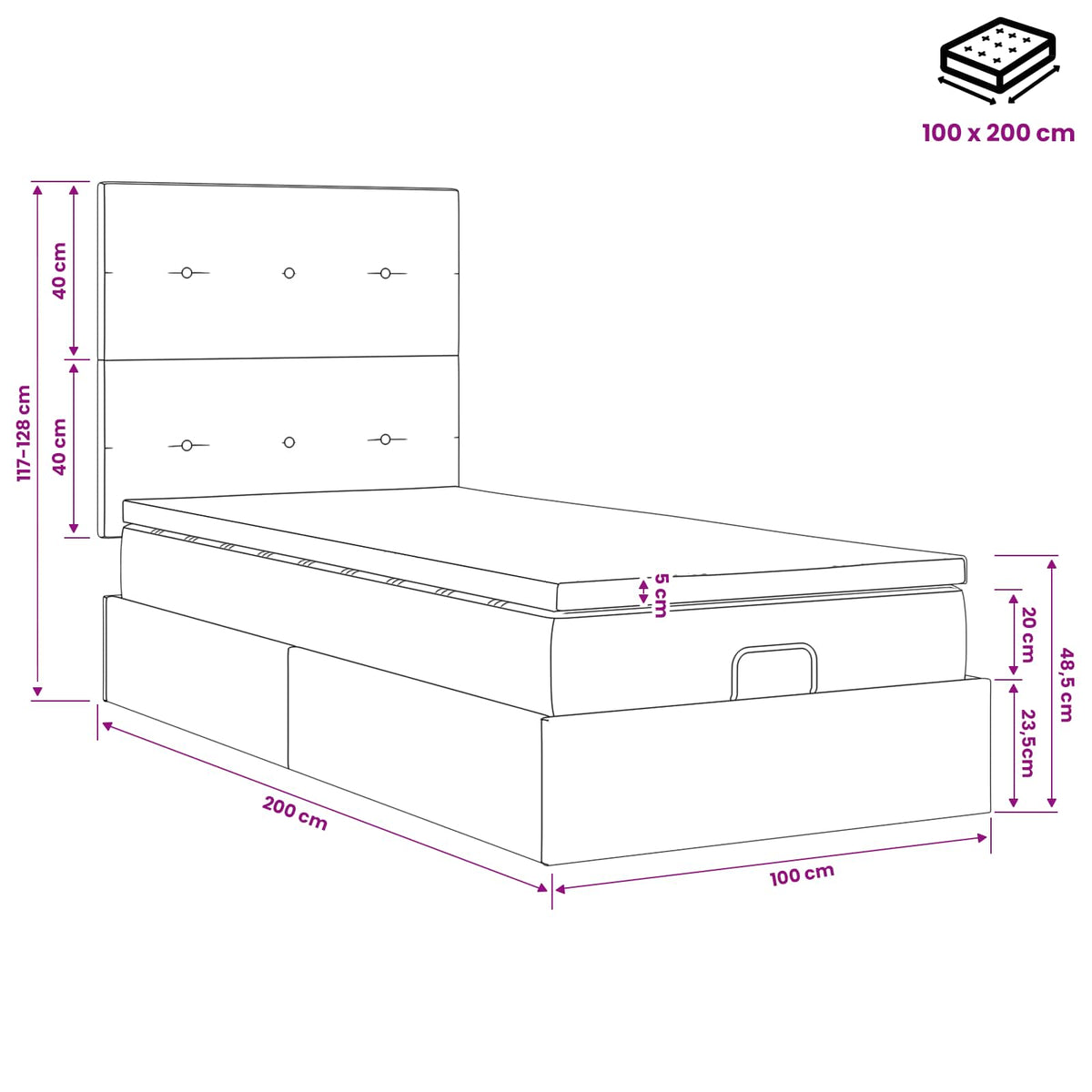 Krevet od pjene s madracem i LED-om Crna 100 x 200 cm Tkanina