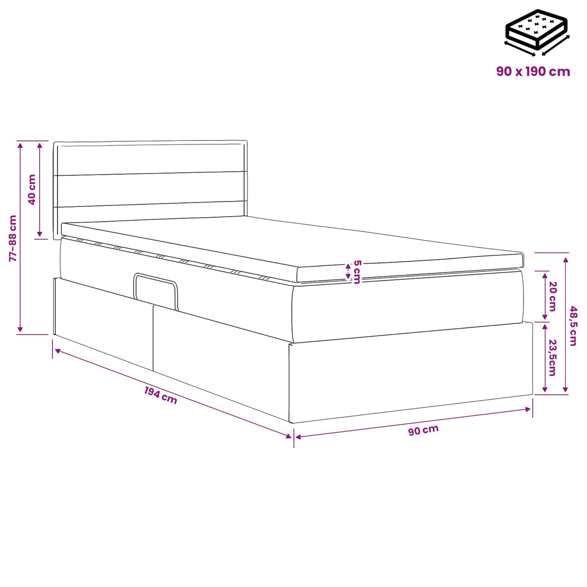 Krevet s madracem i skladištem Svjetlosiva 90 x 190 cm Baršun
