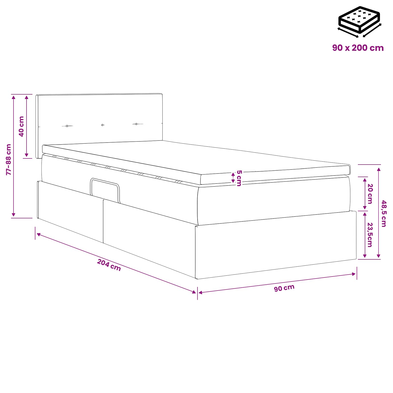 Krevet s madracem i skladištem Tamnosiva 90 x 200 cm Baršun