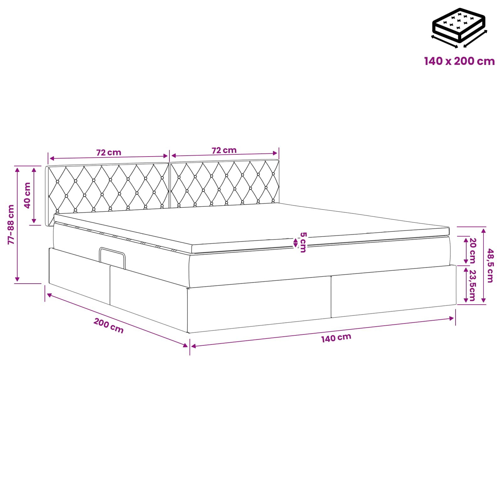 Krevet s od storage s uzglavljem Ružičasta 140 x 200 cm Baršun