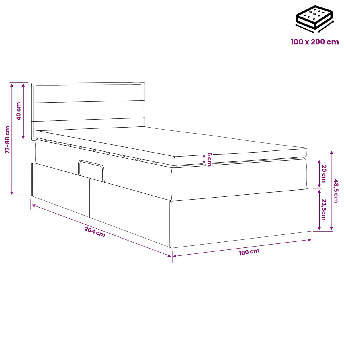 LED krevet za pohranu s madracem Krem 100 x 200 cm Tkanina