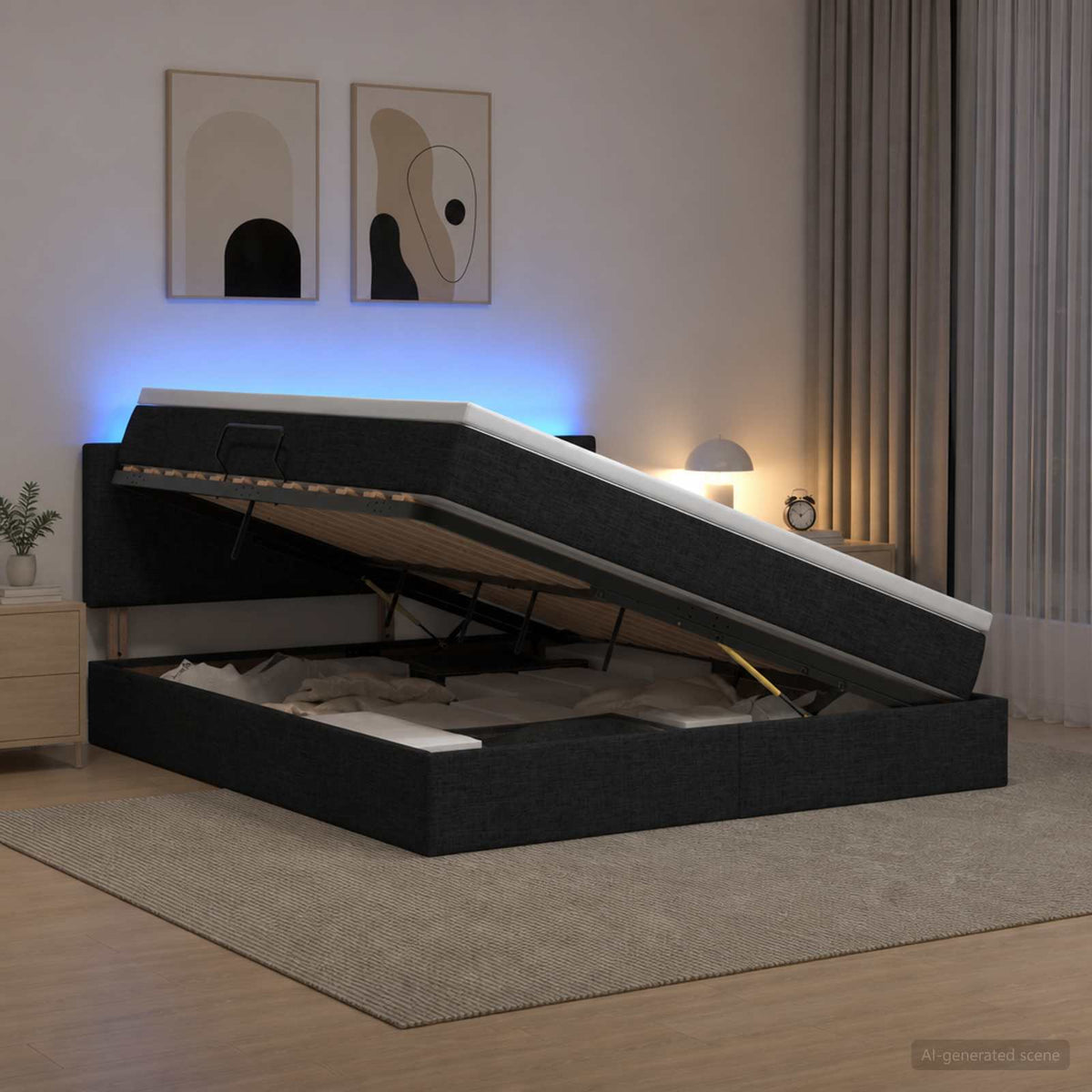 LED krevet za pohranu s madracem Crna 140 x 190 cm Tkanina