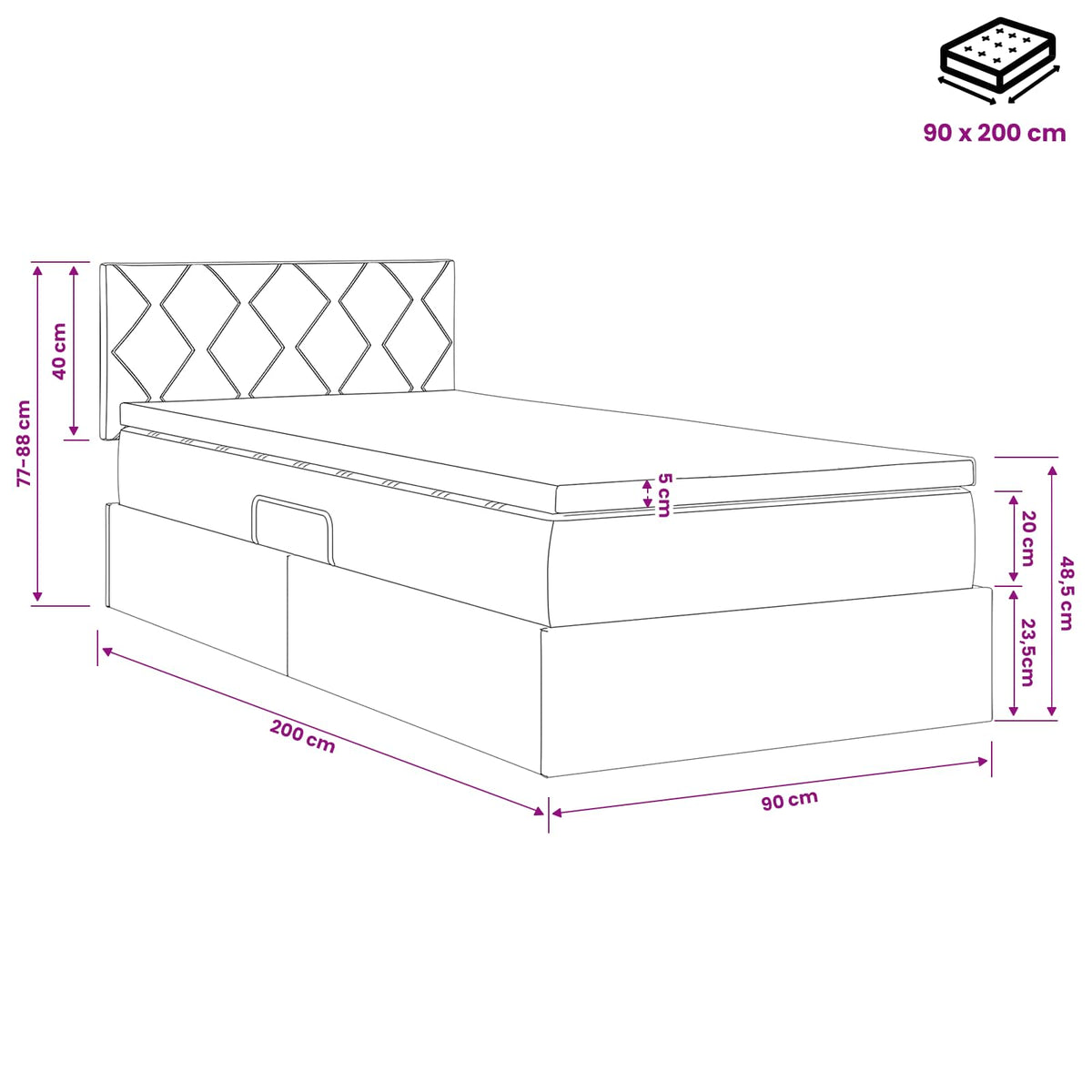 LED krevet za pohranu s madracem Crna 90 x 200 cm Tkanina