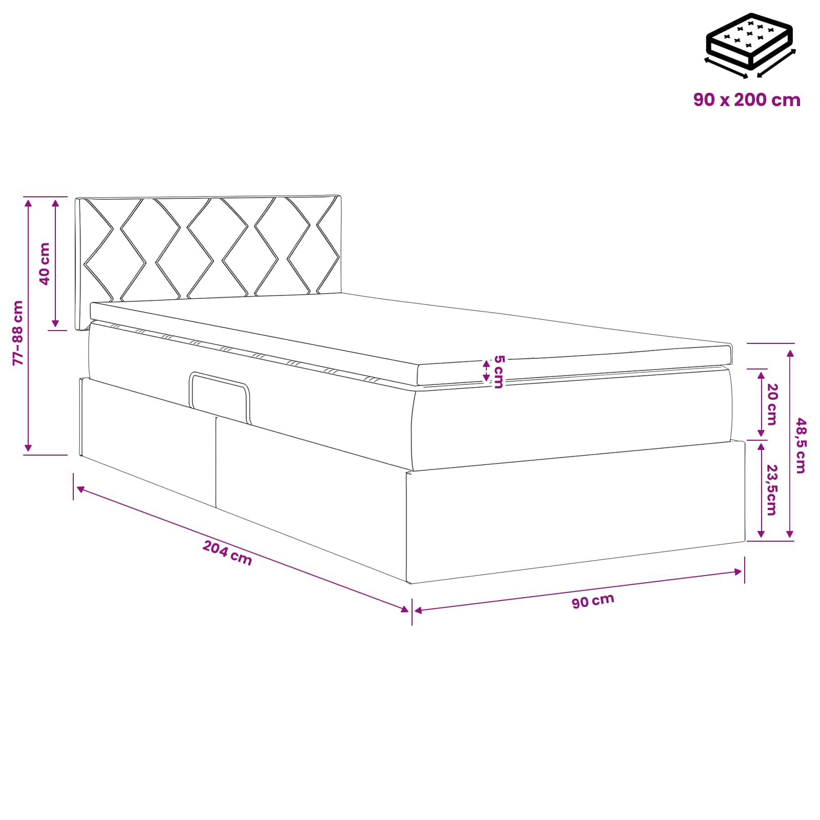 LED krevet za pohranu s madracem Krem 90 x 200 cm Tkanina